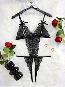 Women's Solid Floral Lace Backless Sheer Lingerie Bodysuit, Elegant Sexy Bow Decor Adjustable Strap Cami Bodysuit, Women's Lingerie for All Seasons