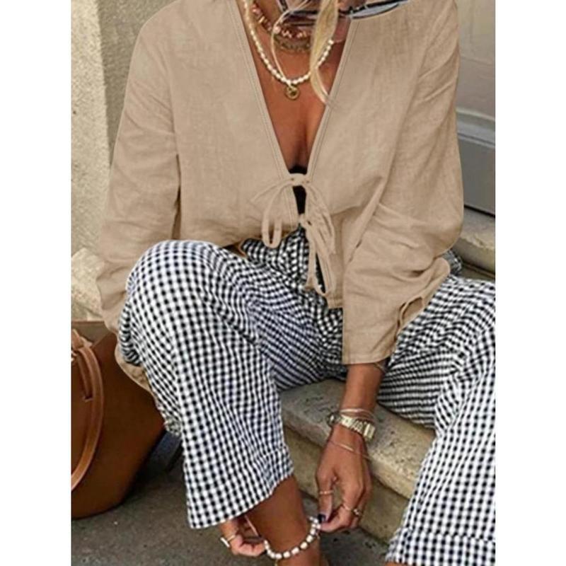 Women's Plain Tie Front V Neck Blouse, Casual Long Sleeve Top for Spring & Fall, Women's Clothing for Daily Wear, Workwear, January Workwear 8