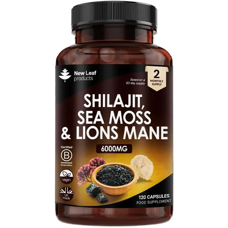 Shilajit Seamoss and Lions Mane Capsules 6000mg - High Strength Complex - 60% Fulvic Acid Shilajit, Irish Sea Moss, Lions Mane 100% Fruiting Body - Vegan, UK Made 120 Capsules