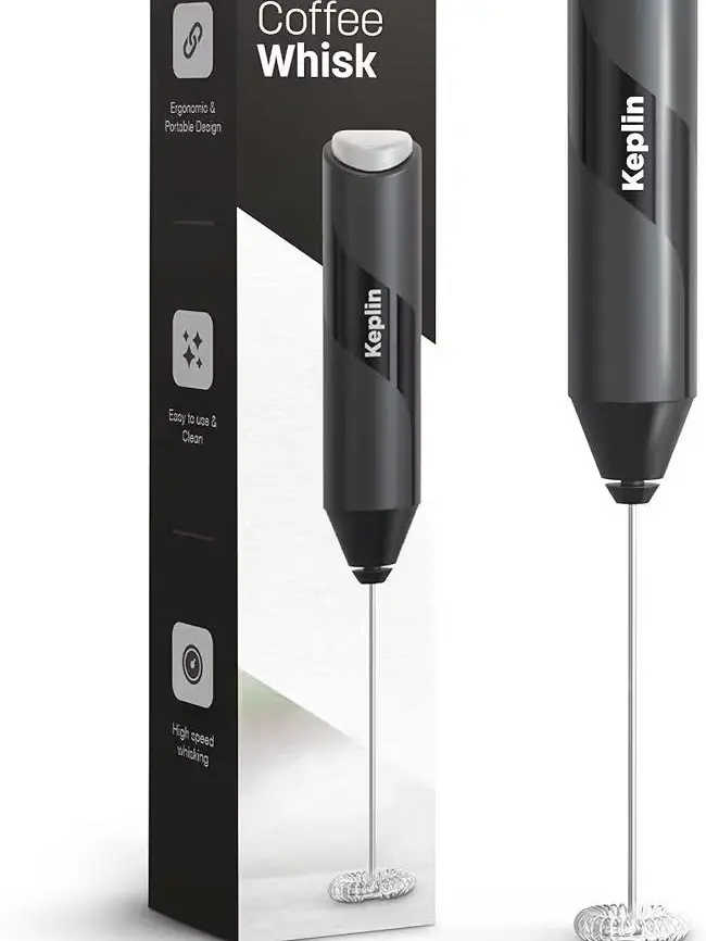 Keplin Handheld Milk Frother - Stainless Steel Electric Whisk - Portable Battery-Operated Coffee Frother for Lattes, Matcha, Protein Shakes - Ergonomic, Compact, Easy to Clean (Battery Not Included)