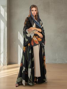 Women's Elegant Islamic Two-Piece Set with Scarf, Open-Print Long Robe, Loose-Fit Woven Fabric, All Seasons Fashionable Clothing