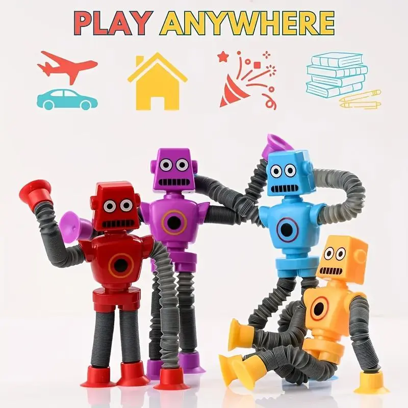 A Set of 12 Elastic Robot Toys with Suction Cups, Available in Four Colors, Perfect for Stress Relief Or As Decorative Items for The Home, Making Them a Great Gift. 4