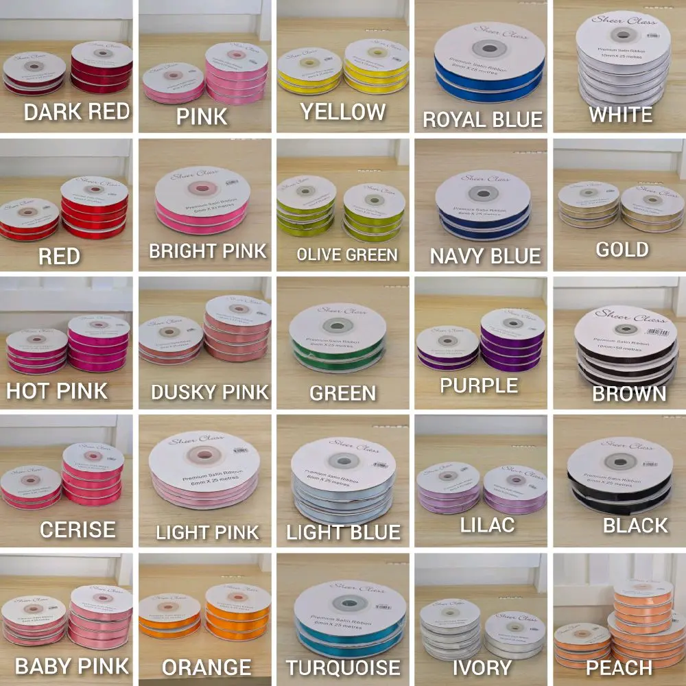 Premium Luxury Satin Ribbon - 6mm & 10mm Wide, Various Colours - Sold by the Metre