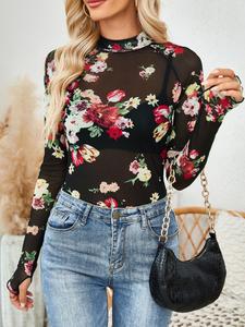 Women's Floral / Leopard Print Mock Neck Raglan Sleeve Tee, Casual Long Sleeve T-shirt for Summer, Women's Clothing for Daily Wear, Top