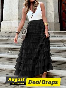Women's Contrast Mesh Ruffle Trim Tiered Layer Skirt, Casual Frill Trim High Waist A Line Skirt For Summer, Summer Clothes, Fashion Ladies Skirt For Beach Holiday