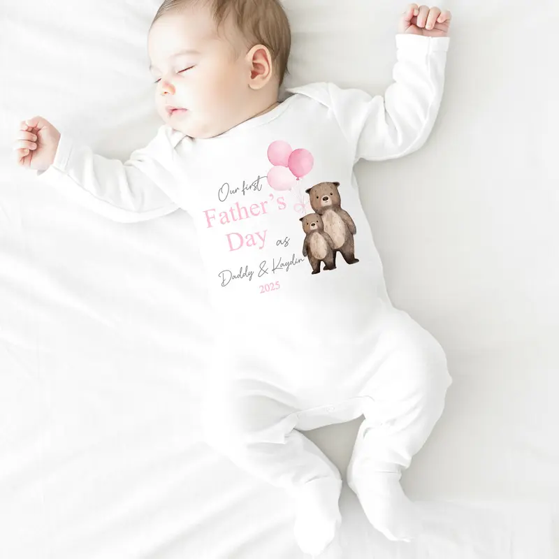 Personalised Pink Balloon Bears First Father's Day Babygrow/Vest 1