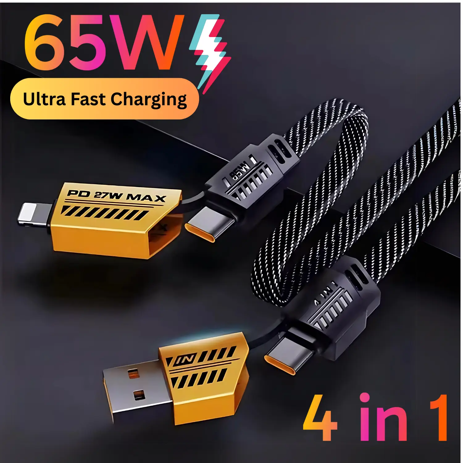 New 4-in-1 Fast Charging Cable, Super Fast Charging With Ultra Fast Data Transfer Speed Multi Charging Cable (USB-C, USB-B, iPhone, iPod, iPad, etc)