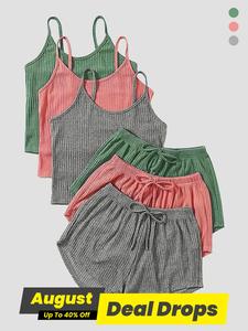 Women's Spaghetti Strap Cami Top & Tie Front Shorts Set, Fitted Soft Fabric Summer Clothes, Co Ord Lounge Set Summer, Casual Camisole & Breathable Comfy Elastic Shorts, Summer Outfits Clothes for Ladies Outdoor Holiday, Cute Summer Outfit