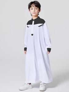 Boy's Kurta  Button Front Fake Pocket Thobe, Casual Modest Colorblock Long Sleeve Jubba, Kids Clothing for Daily Wear