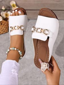 Women's Fashionable Chain Decorated White Platform Sandals, Summer Beach Sandals, Casual Comfortable Breathable Sandals for Summer, Lightweight Breathable Comfortable Shoes for Daily Wear, Girl, Breathable Platform Classy， Footwear