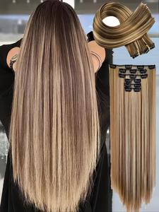 Women's 24inch Long Straight Clip-in Hair Extensions for Daily & Costume Party, Synthetic Hair Pieces, Natural Fluffy Hair Extensions for Daily & Party Decoration, 2025 Trendy Matching Wig Piece Uk Girls Wigs, Wigs Ready To Wear, Natural Fluffy Synthetic