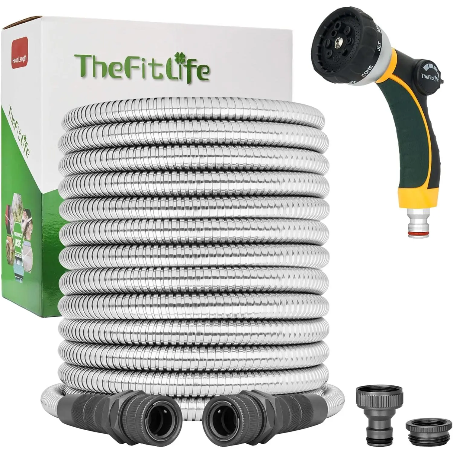 TheFitLife Metal Garden Hose Pipe - Flexible Stainless Steel Water Hose with Solid Fittings and Sprayer Nozzle - Leak Proof Kink Free, Anti-Rust, Large Diameter, Durable and Easy Storage (30m)