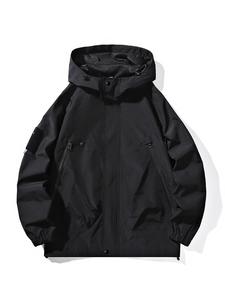 Men's Solid Pocket Drawstring Hooded Jacket, Regular Fit Casual Waterproof Windproof Long Sleeve Zip Up Outerwear for Fall & Winter, Men's Clothes for Outdoor Activities