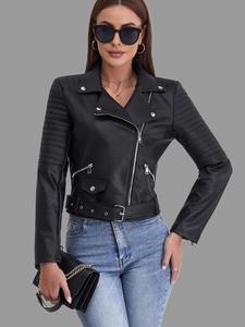 Women's Belted Hem Zip Up PU Leather Jacket, Street Fashion Long Sleeve Lapel Outerwear for Daily Wear, Ladies Clothes for All Seasons