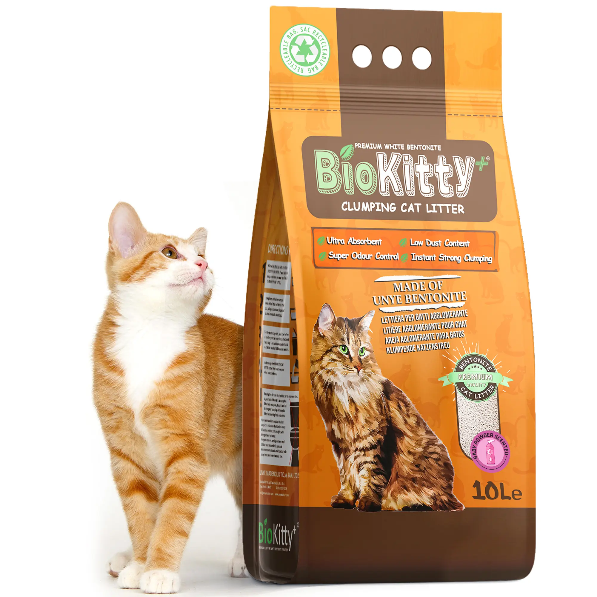 BioKitty Clumping Cat Litter, 10L Highly Absorbent Natural Bentonite Minerals Cat Litter, Long Lasting Odour Control, Maximum Hygiene with Strong Cat Litter Clumping (Baby Powder, Pack of 1)