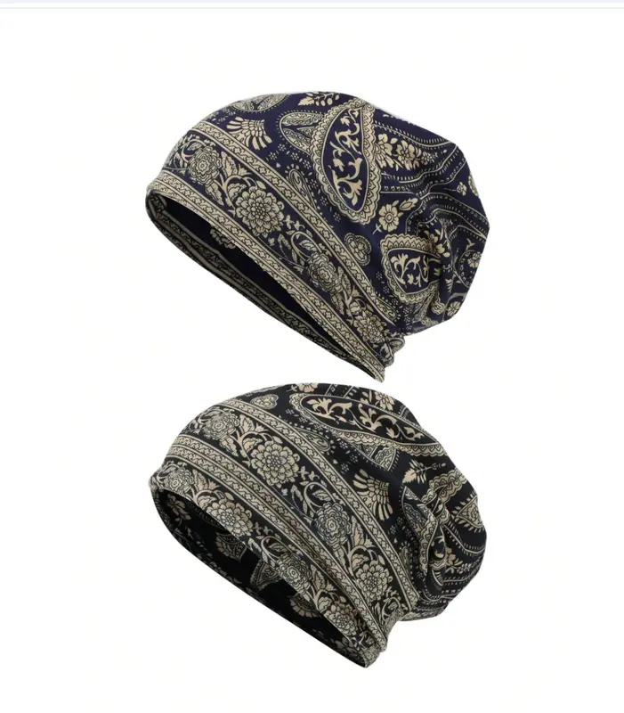 2pcs Classic Paisley Print Loose Visorless Beanie Hats, Boho Stretchy Visorless Beanies, Unisex Vintage Neck Gaiter, Soft Visorless Caps, Chemo Hats For Men And Women, Random Print Position Caps Winter Fall 2