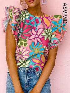 Floral Print Fly Sleeve Ruffle Round Neck Tee