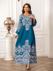 Women's Floral Pattern Faux Pearl Decor Longsleeves Dress, Elegant Round Neck Long Dress for Party Wedding Guest, Ladies Islamic Clothing for All Seasons, Crewneck Womenswear