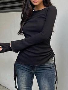 Women's Plain Ruched Ribbed Drawstring Lettuce Trim Flounce Sleeve Tee, Casual Street Boat Neck Long Sleeve T-shirt For Spring & Fall, Women's Clothes For Daily Wear, Summer Clothes