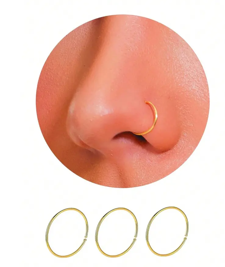 3Pcs 14K Gold Plated Nose Rings Hoops for Women/Men, 22 Gauge 8mm Small Thin Nose Piercing Jewelry,Tiny Septum Cartilage Helix Tragus Earrings Hoops