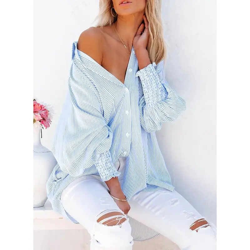 Womens Smocked Cuffed Striped Boyfriend Shirt Casual Collar Long Sleeve Oversized Button Down Blouse Tops with Pocket Shirred 2