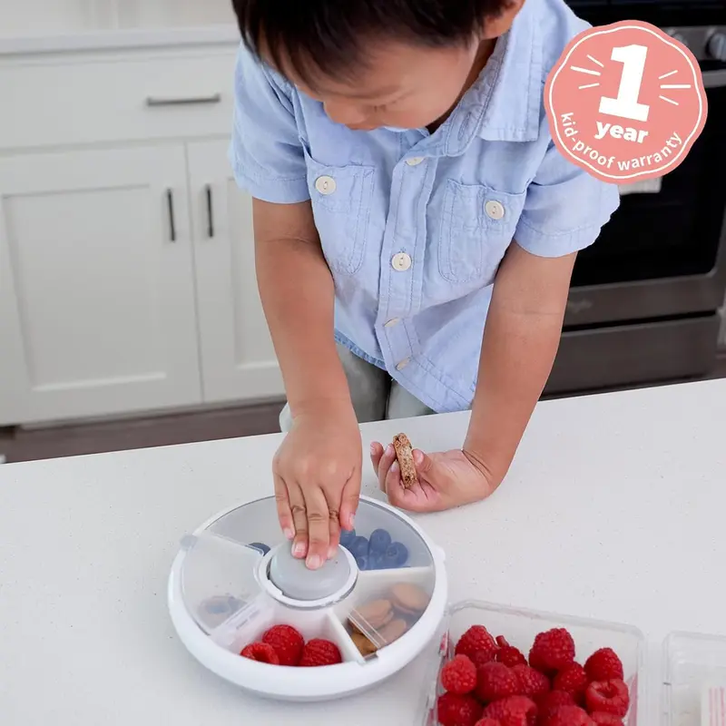snack drawer GoBe Kids Snack Spinner Bundle with Hand Strap and Sticker Sheet - Reusable Snack Container with 5 Compartment Dispenser and Lid | BPA and PVC Free | Dishwasher Safe | No Spill, Leakproof 2