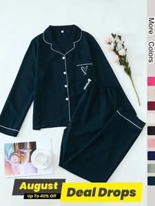 Women's Woven Heart Embroidery Contrast Binding Fit Pajama Set, Lady Breathable Soft Long Sleeve Lapel Button Front Shirt & Elastic Waist Pants Pj Set, Women's Matching Sleepwear for Spring & Fall, Womenswear, Loungewear, Homewear