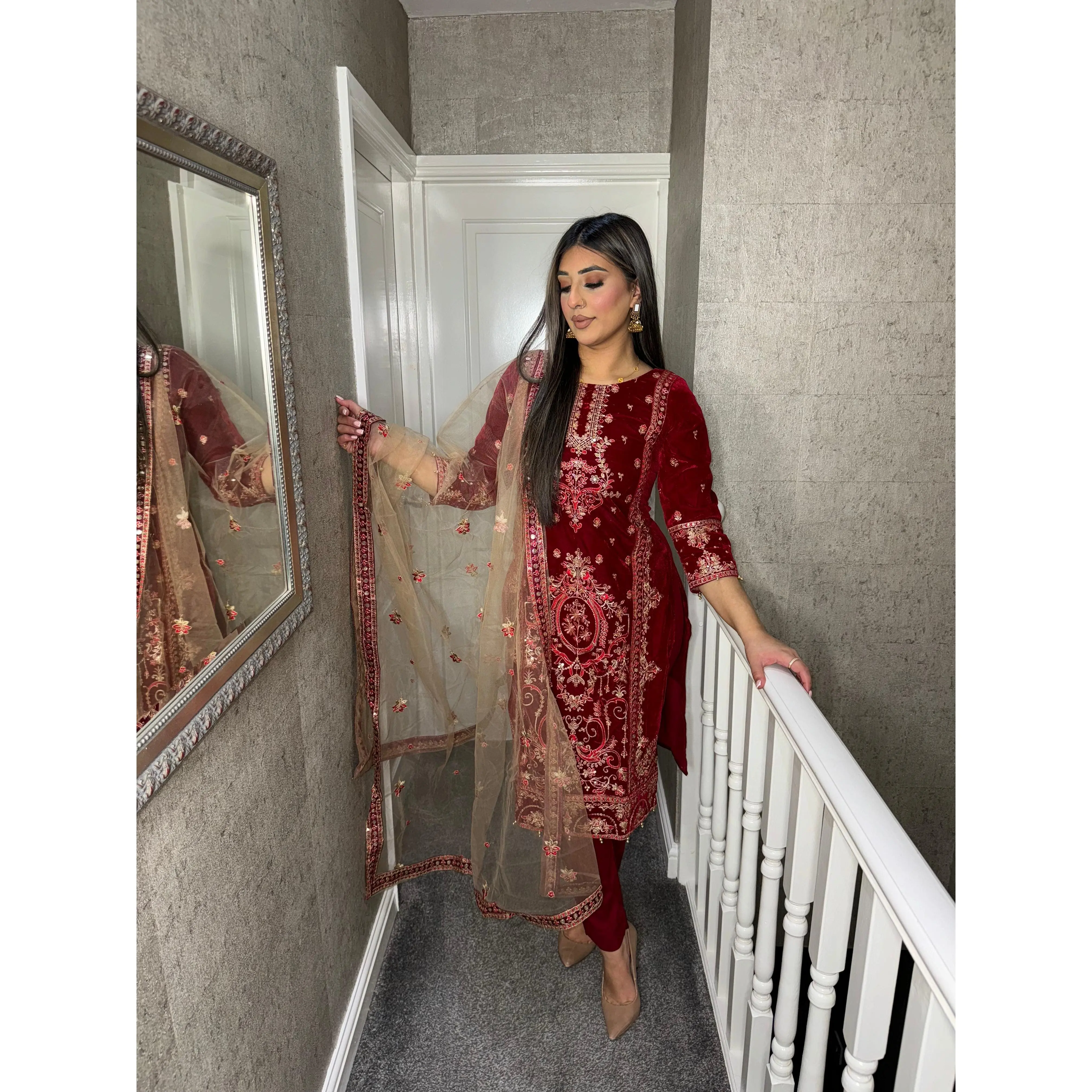 RED Velvet Embroidered Shalwar Kameez with chiffon teal duppatta fully stitched 3 piece suit  MT-379B