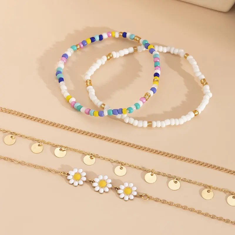 5Pcs Beaded Flower Chain Bracelet Set - 2025 Spring Summer Trendy Boho Jewelry for Women | Y2K Dainty Stackable Wrist Candy | Gold Silver Minimalist Handmade Accessories 3