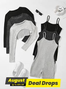 Women's Solid Ribbed Crop Top & Romper Set, Casual Fashion Cozy Top & Romper for Daily Outdoor Wear, Ladies Basic Clothes for All Seasons