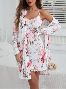 Women's Floral Print Belted Robe & Cami Nightdress Two-piece Set, Casual Comfy Loungewear Set for Women, Ladies Sleepwear for All Seasons, Elegant Night Gown, Womenswear, Vneck Nightgown