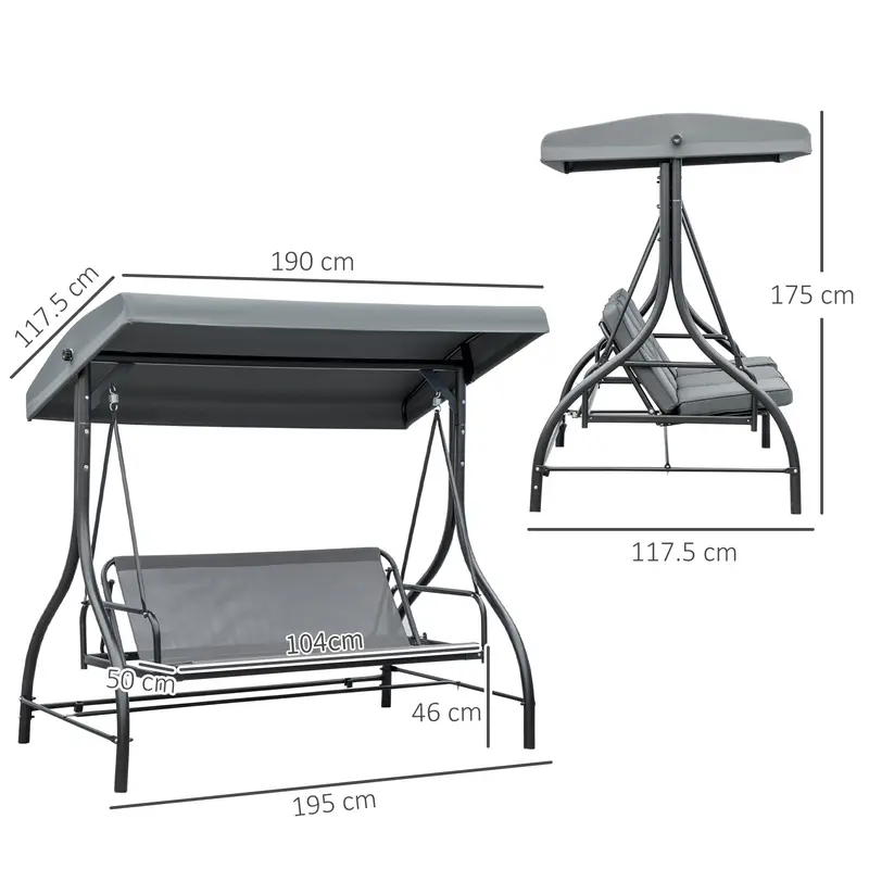 3 Seater Canopy Swing Chair, 2 in 1 Garden Swing Seat Bed, with Adjustable Canopy and Metal Frame, Dark Grey 3