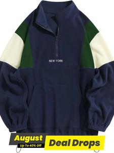 Men's Colorblock Patchwork Letter Embroidery Zip Up Sweatshirt, Casual Loose Long Sleeve Drawstring Stand Collar Pullover for Fall & Winter, Men's Clothes for Daily Wear, Longsleeves Tops