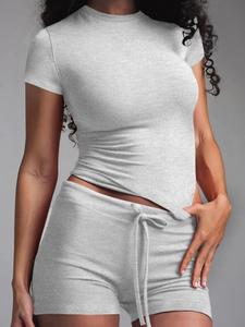 Women's Solid Color Top & Shorts Two-piece Set, Casual Fashion Cozy Breathable Two Piece Outfits for Daily Outdoor Wear, Ladies Summer Clothes