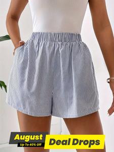 Women's Striped Print Pocket Elastic Waist Shorts, Casual Loose Comfy Wide Leg Shorts for Summer, Fashion Women's Bottoms for Daily Wear