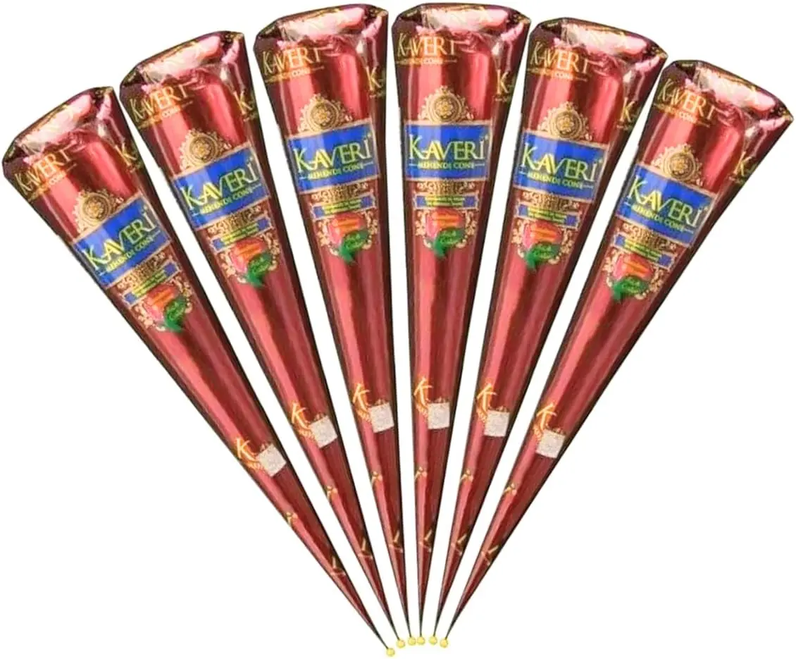 Kaveri Natural Henna Mehndi Cones - Set of 6 Organic Temporary Tattoos for Hair and Skin - Makeup, Cosmetic