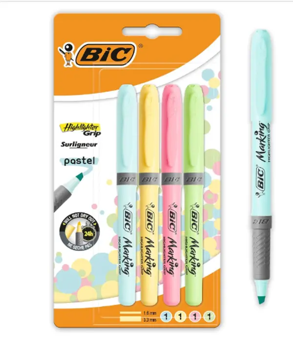 Bic Highlighter Grip Pens with Anti-Drying Technology in 4 Assorted Colors, Water-Based, Pack of 4