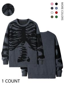 Halloween Outfit Ideas, Men's Halloween Themed Skeleton Print Round Neck Drop Shoulder Sweater, Loose Fashion Casual Soft Comfy Crew Neck Jumper for Daily Outdoor Wear, Men Knitwear for Fall, Halloween Costumes 2273