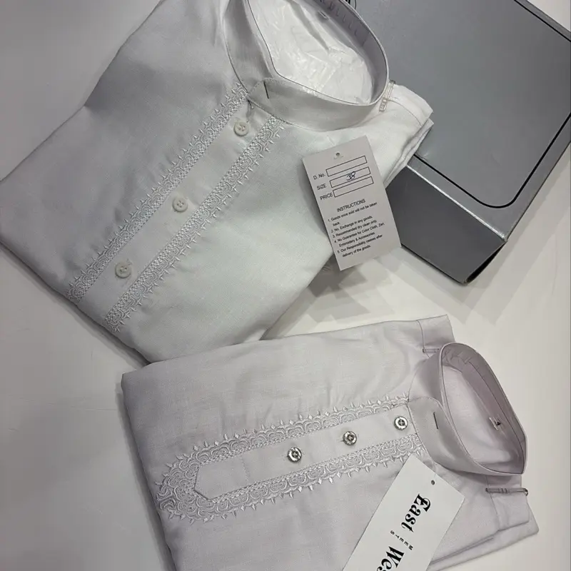 CM64 - Traditional White Shalwar Kameez with Embroidered Collar for Boys and Men
