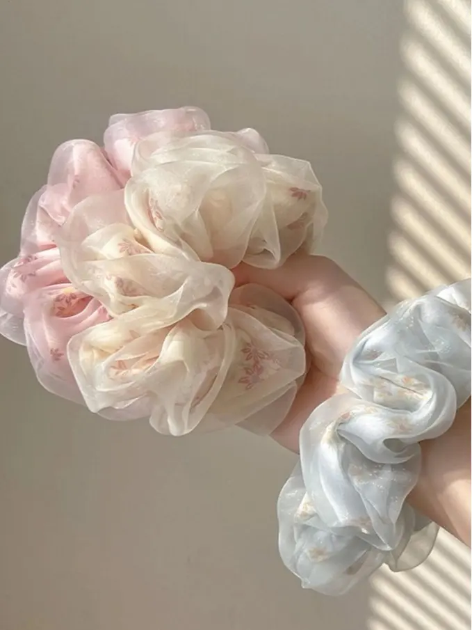 3pcs Floral Bun Hair Ties For Women, Romantic Aesthetic Hair Scrunchies, Extra-Large Chiffon Scrunchy Cute Dopamine