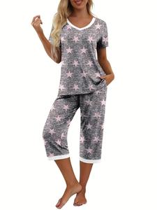 Women's All Over Star Print Contrast Binding Pyjama Set, Casual Short Sleeve T-shirt & Pocket Capris Pants Pj Set, Ladies Sleepwear for All Seasons, Pajamas, Loungewear