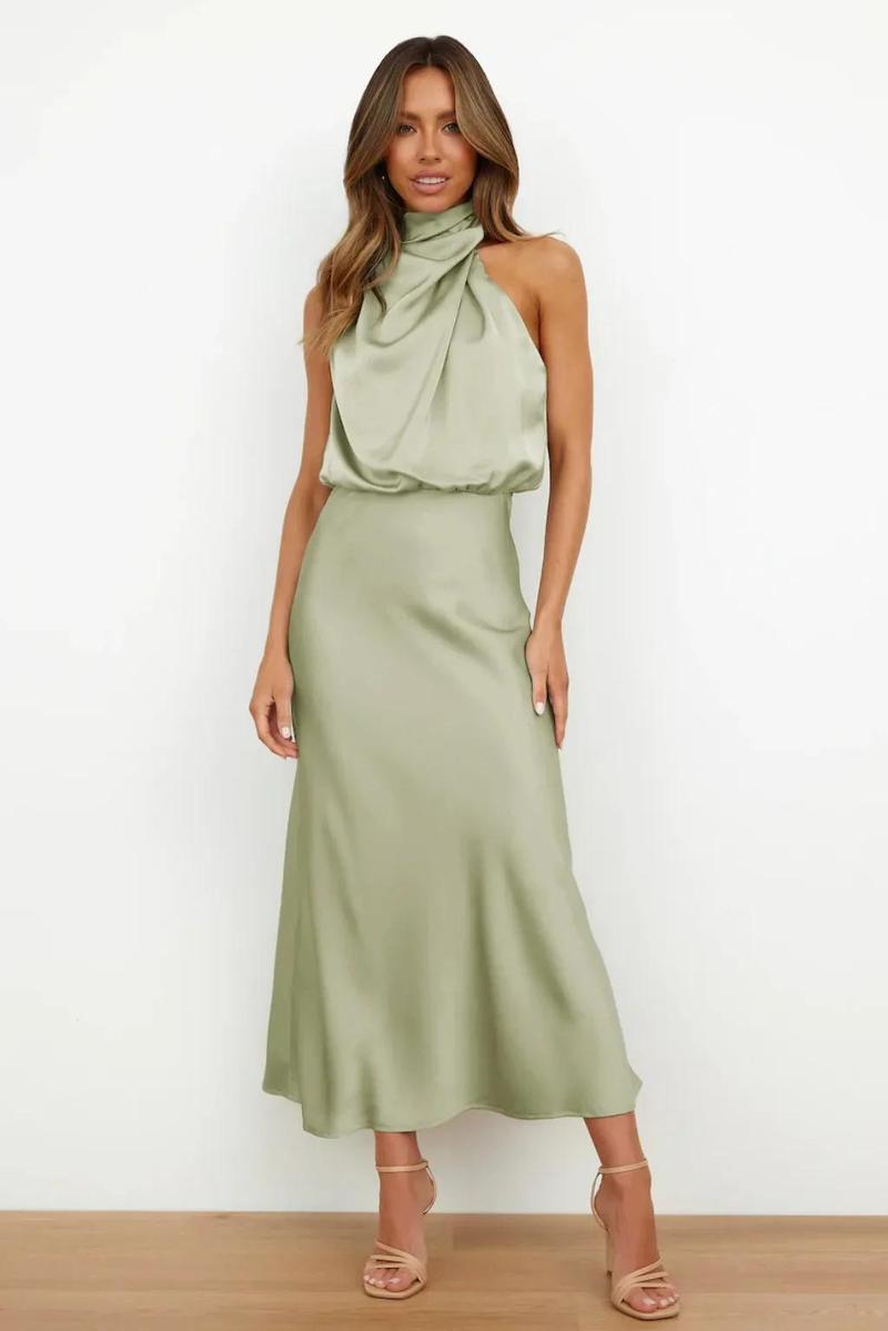 Product Introduction of 2025 Spring/Summer Long Dress for Women High Waist Halter Satin Sleeveless Dress Fashion Elegant Solid Evening Party Dresses 17
