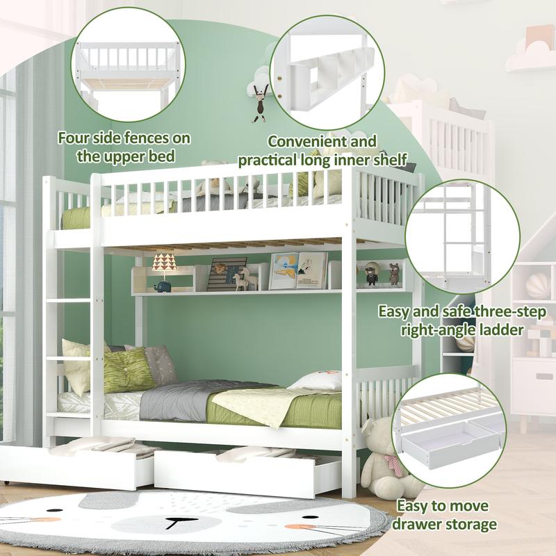 3FT Solid Pine Wood Bunk Bed with Under Bed Slide Drawer Storage and Shelf, White (90x190cm) - Kids Children 1