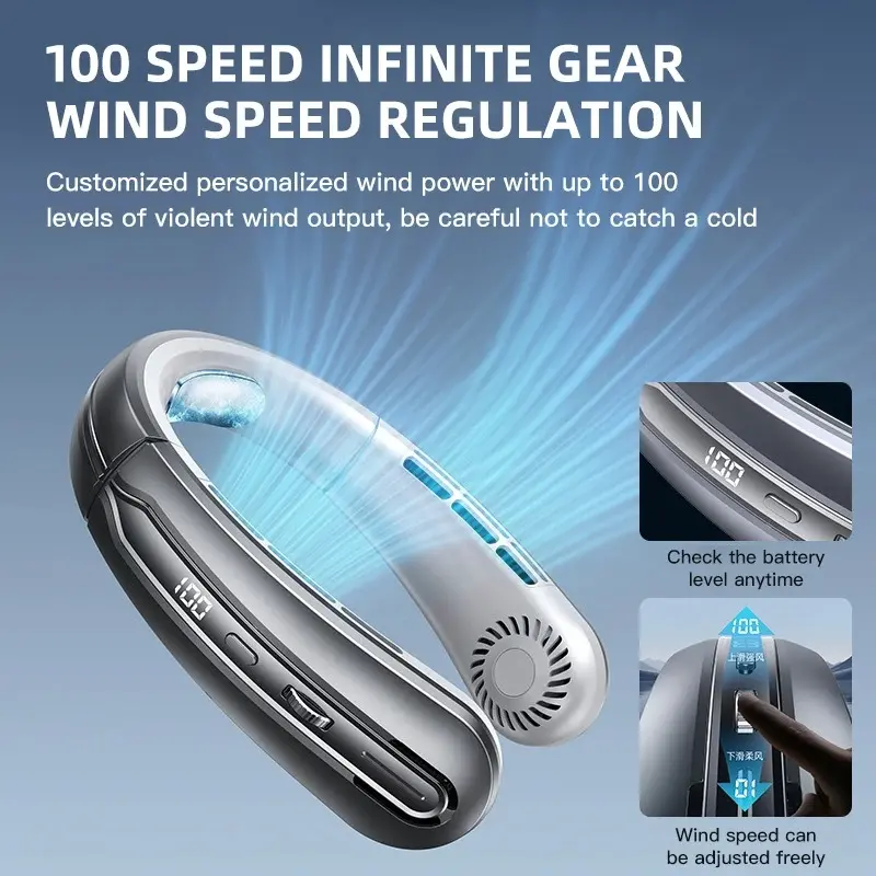 Fan 3000mA Portable Mini Hanging Neck Fan Bladeless Neckband Fan Digital Display Power Air Cooler USB Rechargeable Electric Fans 1