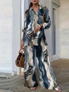 Women's Tie Dye Print Button Front Shirt & Wide Leg Pants Two-piece Set, Elegant Pocket Long Sleeve Top & Trousers for Daily Wear, Ladies Spring & Fall Clothes, Longsleeves Womenswear, Clothes for Women