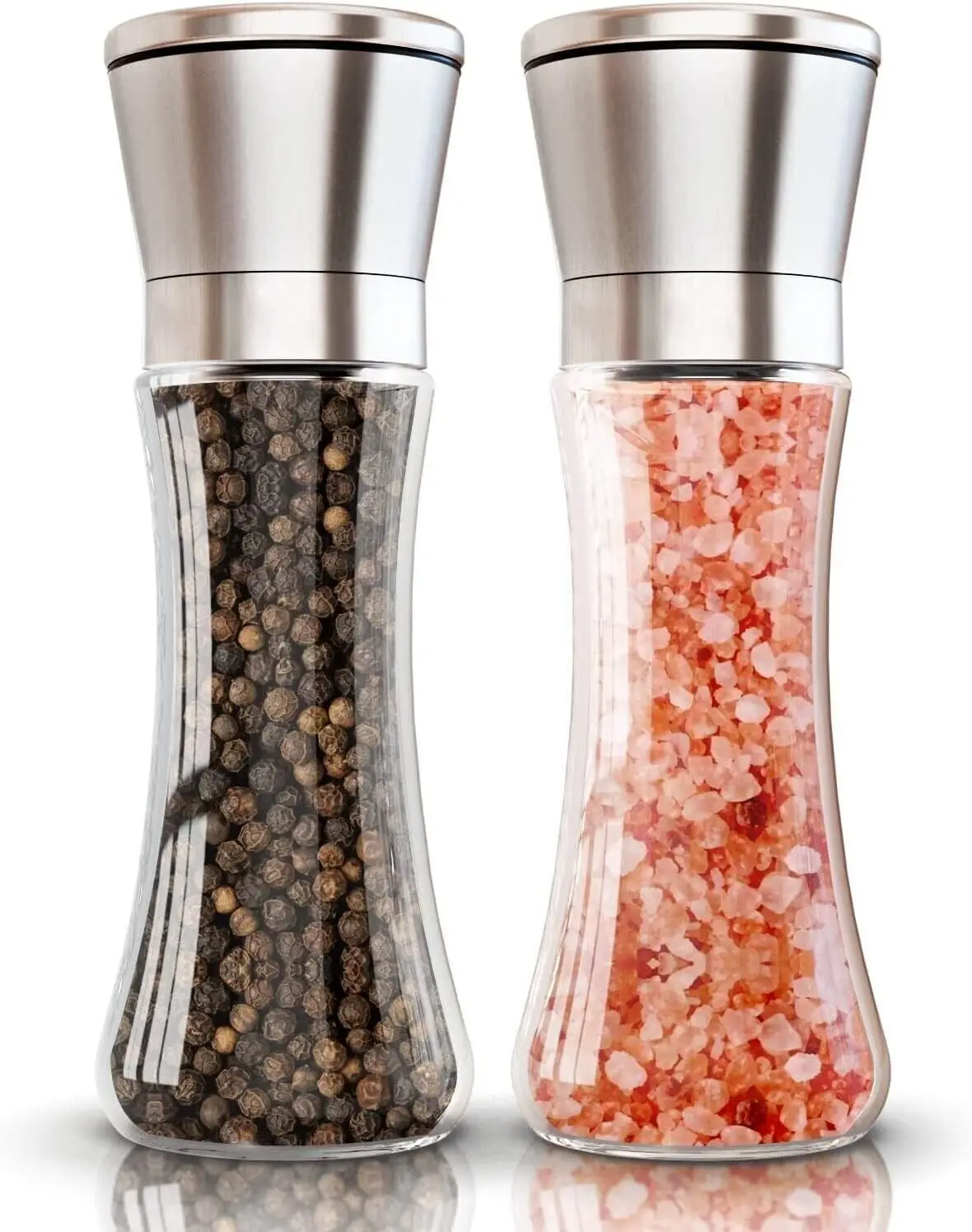 2Pcs Salt Pepper Grinder Set Stainless Steel Glass Shaker Mill Coarse Adjustable