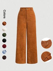 Women's Plain Pocket Button Front Wide Leg Pants, Casual High Waist Trousers for Daily Wear, Ladies Bottoms for All Seasons, Baggy Pants