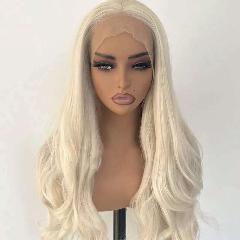 Natural Hairline Women Party Daily Wear Long Wavy Bleach Blonde Soft Glue Less Wig Synthetic Hair Layered Pre Plucked 13X4 Inch Large Area Lace Frontal Wigs 2