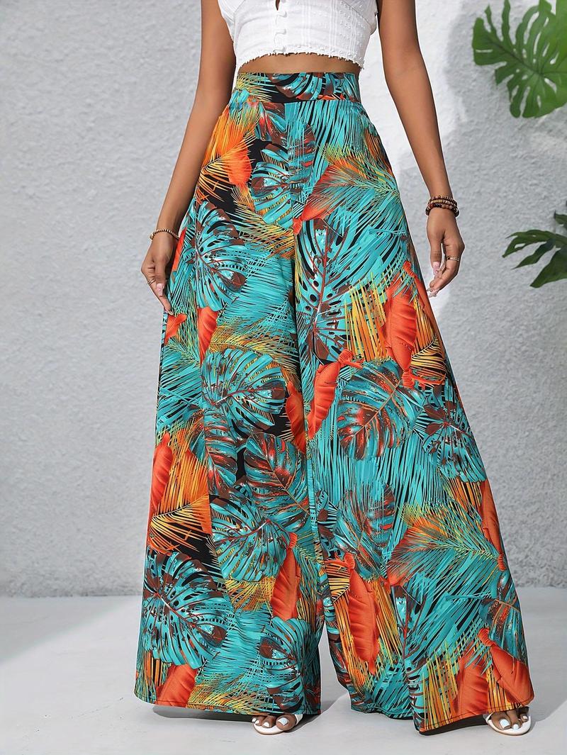 Product Introduction of Women'S Bohemian Floral Print Chiffon Wide-Leg Pants - High Waist, Elastic Waistband, Long Beach Trousers for Summer Vacation, Casual Elegant Style Womenswear Bottom Comfort 9
