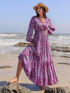 Women's Boho Style Long Sleeve Woven Dress, Fitted Waist Design, Comfortable & Stylish for All Seasons, Perfect for Casual